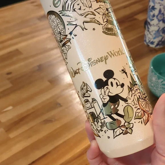 Starbucks Walt Disney World Cream and Gold Water Bottle with Whimsical Design - Picture 3 of 12